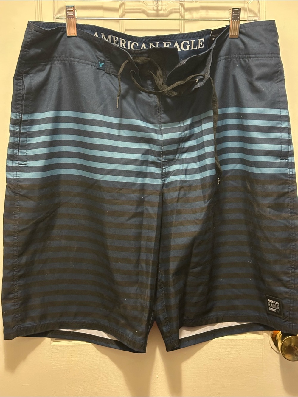 American Eagle Outfitters Navy and Light Blue Striped Board Shorts